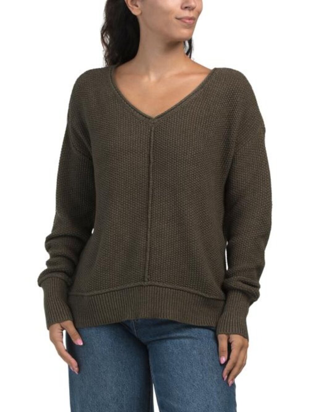 LUCKY BRAND Long Sleeve Solid Textured V-neck Sweater